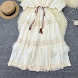 Bohemian Holiday Style Dress 2025 New Ins Travel Skirt Sweet Bubble Sleeve Splicing Tuxedo Dress