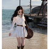 High-Grade Big-Name Sweet Peach White Long-Sleeved Sunscreen Dress Women's Holiday Small White Dress Small Man To Give Belt