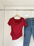 Vintage Irregular Short-Sleeved T-Shirt Red Summer New Fashion Slim Temperament Topess Women Ins Trend