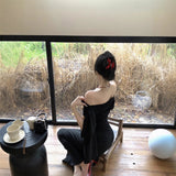 Wine Red Ribbon With Oblique Shoulder Long-Sleeved Dress Women Winter Body-Repair Irregular Dress Pure Want To Pack Hip Dress