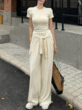 Extremely Simple Style Loose Fashion Suit 2026 Summer New Leisure Belt Shawl Short Sleeves Wide Leg Pants Three-Piece Set