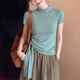 Korean Mint Green Tie Knitted Short-Sleeved T-Shirt Women's Summer High Sense Unique Beautiful Big Look Top