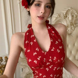 Vintage Hanging Neck Red Sling Small Vest Women Summer New Wearing Beautiful Back Short-Term Sexy Hottie Top