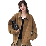 Vintage Velvet Locomotive Jacket In Autumn/Winter 2025 Collar Short-Term Maillard Brown Loose Shoulder Groaning
