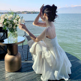 2025 French Romantic Delicate Temperament Beige Sling Skirt Bow Folding Cup Silken Sling Skirt Dress