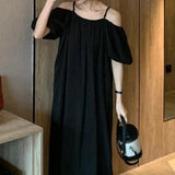 French Slings A Word Shoulder Green Dress Women 2025 Summer New Loose Shoulder-Sensitive Dress