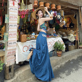 Xishuangbanna Tourism Holiday Style Wearing Suit Female Bohemian Print Blouse Blue Half-Body Dress