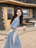 Pure White Moon Light Sweet Wind Blue Lattice Dress Women's Summer Simple College Style Small Fairy Dress