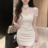 Spice Girl Sexy Mesh Splicing Bag With Ass Short Sleeves To Close Waist Dress Girl Summer Little Man Temperament Is Beautiful Thin Dress