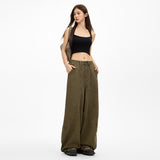 Army Green Broad-Legged Jeans Women's Loose Summer Retro Splicing Design Old Dad Drag Trousers