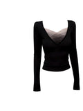Autumn And Winter New Niche Design Han Spice Girls V-Neck Mesh Splicing Long-Sleeved Top Women To Collect Waist Thin Bottom T-Shirt