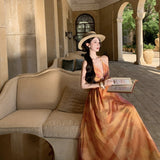 2026 Monet Garden Super Fairy Orange Flower Print Fairy Pure Desire Suspension Long Thin Dress Dress