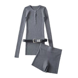 Spice Girls Early Autumn With Comfort Grey Knitted Sexy Playful Thin Belt Shorts Fashion Casual Suit Woman