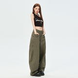 New Army Green Vintage Design Sense Big Pocket Knife Jeans Women's Drag Broad Legs