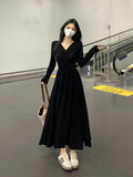 2025 New V-Neck Long-Sleeved Dress Women's Autumn Dress French Fold Design Feeling Waist Display Skin Bottom Skirt