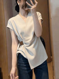 French Temperament V-Neck Short-Sleeved T-Shirt Women's 2026 Summer New Collection Of Thin Irregular Shirt Chic Top