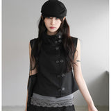 Korean Ins Niche Retro High-End Collar Double Buckle Thin Short Sleeveless Workwear Tin Front Of The Tatry Blouse Blouse