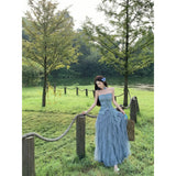 Sichuan Xinjiang Original Tourism Wearing Summer Blue To Wipe The Chest Irregular Net Yarn Skirt Suit