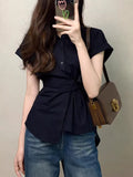 French Temperament Black Polo Collar Short-Sleeved Shirt Women's Summer Thin Shirt Unique Beautiful Big Look Top