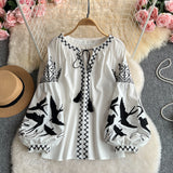 Bohemian Wind Heavy Industry V-Neck Embroidered Shirt Female Korean Version Long Sleeve Loose Tussel Design National Wind Top