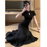 New Chinese Style Dark Flower Improved Cheongsam Women Summer Waist Thin Dress Buckle Design With The Hip Fishtail Skirt