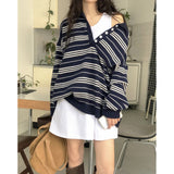 South Korea Chic Autumn And Winter New Loose Feeling Polo Collar Buckle Striped Sweater Lazy Casual Knitting Shirt