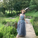 Sichuan Xinjiang Original Tourism Wearing Summer Blue To Wipe The Chest Irregular Net Yarn Skirt Suit