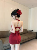 French High-End Sexy Chain V Receive Waist-Loan Back Hanging Neck Summer Pure Temperament Hip Short Dress Woman