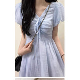 French Literary Style V-Neck Blue Bubble-Sleeved Dress Small Men With Female Fairy-Enender Waist Dress