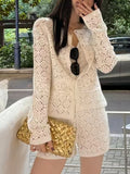 2025 Super Fire Summer Dress A Complete Set Of New Female Temperament Unique Hollow Hooks T-Shirt Coat Top White Shorts