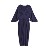 French Temperament Folded V-Neck Seven-Sleeved Dress Women's Knitted Long Dress Open Pocketed And Waist-Poked Skirt New