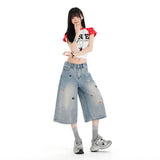 Puppy Embroidered Broad-Legged Seven-Point Jeans Women Low-Rise Loose Straight Eight-Point Thin Jeans