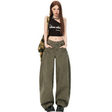 New Army Green Vintage Design Sense Big Pocket Knife Jeans Women's Drag Broad Legs