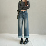Autumn High-Waisted Ripping Elastic Straight Jeans Women's Large-Size Slim Slim-Skin-Nine Trousers Small
