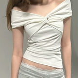 Spice Girls Folded Knot Stacked Short-Sleeved T-Shirt Chic One-Word Shoulder Pure Desire To Design The Body Of The Woman