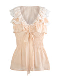 Ancient Early Vivi Day Dom Cocoon Nude Simulation Lace Lotus V Collar Lace Blouse Girl Sweet