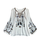 Spring And Autumn Retro Loose National Style Embroidery Thin Lantern Sleeve Doll Top Female Round Collar Collar Collar Shirt