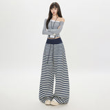 2025 New Autumn And Winter Striped Loose Comfortable Trousers Blue And White Drawstring With Elastic Slack Design Sense