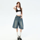 3016 Retro-Blue Retro Five-Point Trousers Shorts Men's Summer Loose Broad Leg Pants Spandex