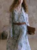 Mist Lanxiang Nomadic Style Print To Collect Waist Long Temperament V-Neck Dress With Sling Skirt