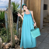 Seaside Holiday Style White Sling Dress Women Summer Sexy Bare Back Loose Skinny Beach Hanging Neck Long Skirt