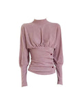 Small High-End Feeling New Chinese High-Neck T-Shirt Autumn And Winter New Slimming Waist Folding Button Bottom Shirt Woman