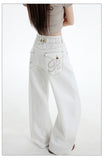 New Paris Buckle Adjustment Waist Design White Jeans Women High-Waisted Loose-Ragging Wide-Legged Trousers