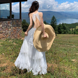 2025 Tour Bohemian Holiday White Lace Splicing Bare Back Dress Holiday Dress