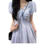 French Literary Style V-Neck Blue Bubble-Sleeved Dress Small Men With Female Fairy-Enender Waist Dress