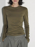 Vintage Casual Simple Texture Army Green Round-Neck Long-Sleeved T-Shirt Girl Early Autumn New Tie Bottom Shirt Top Woman