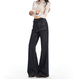 Deep Blue Retro Asymmetric Waist Seal Design Micro-Tipped Jeans Women 25 Years Autumn And Winter New Fake Two Broad-Legged Trousers