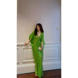 French Languid Green Dress 2026 Summer V-Neck Bat Sleeves Thin Perspective Holiday Style Long Shirt Skirt
