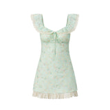 Dopamine Mint Green Flower Dress Women's Summer Gentle Wind Leaster Stitching Small Flying Sleeves To The Waist-Ponded Skirt