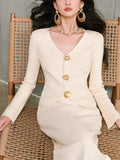 Luxury Shiny Silk Mordell Double-Sided Knitting | Irregular Metal Buckle Body V-Neck Knitting Set